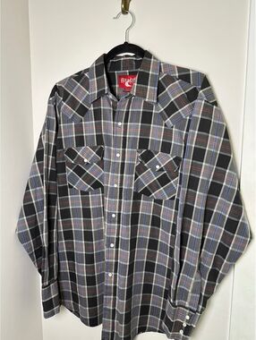 Vintage Brazos Plaid Cowboy Shirt Pearl Snap Grey Black- Size Large